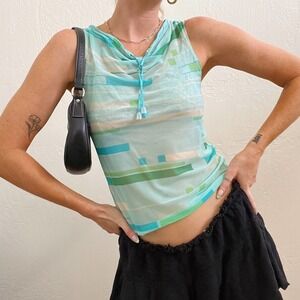 Vintage Y2K Calvin Klein Blue Abstract Printed Mesh Cowl Neck Top